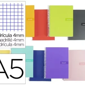 CUADERNO ESPIRAL LIDERPAPEL A5 CRAFTY TAPA FORRADA 80H 90 GR CUADRO 4 MM CON MARGEN COLORES SURTIDOS