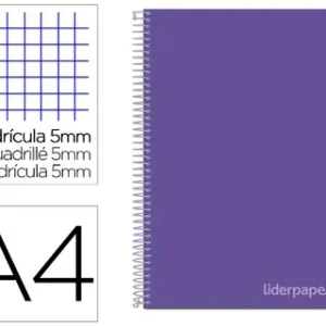 CUADERNO ESPIRAL LIDERPAPEL A4 MICRO JOLLY TAPA FORRADA 140H 75 GR CUADRO 5MM 5 BANDAS 4 TALADROS COLOR LILA