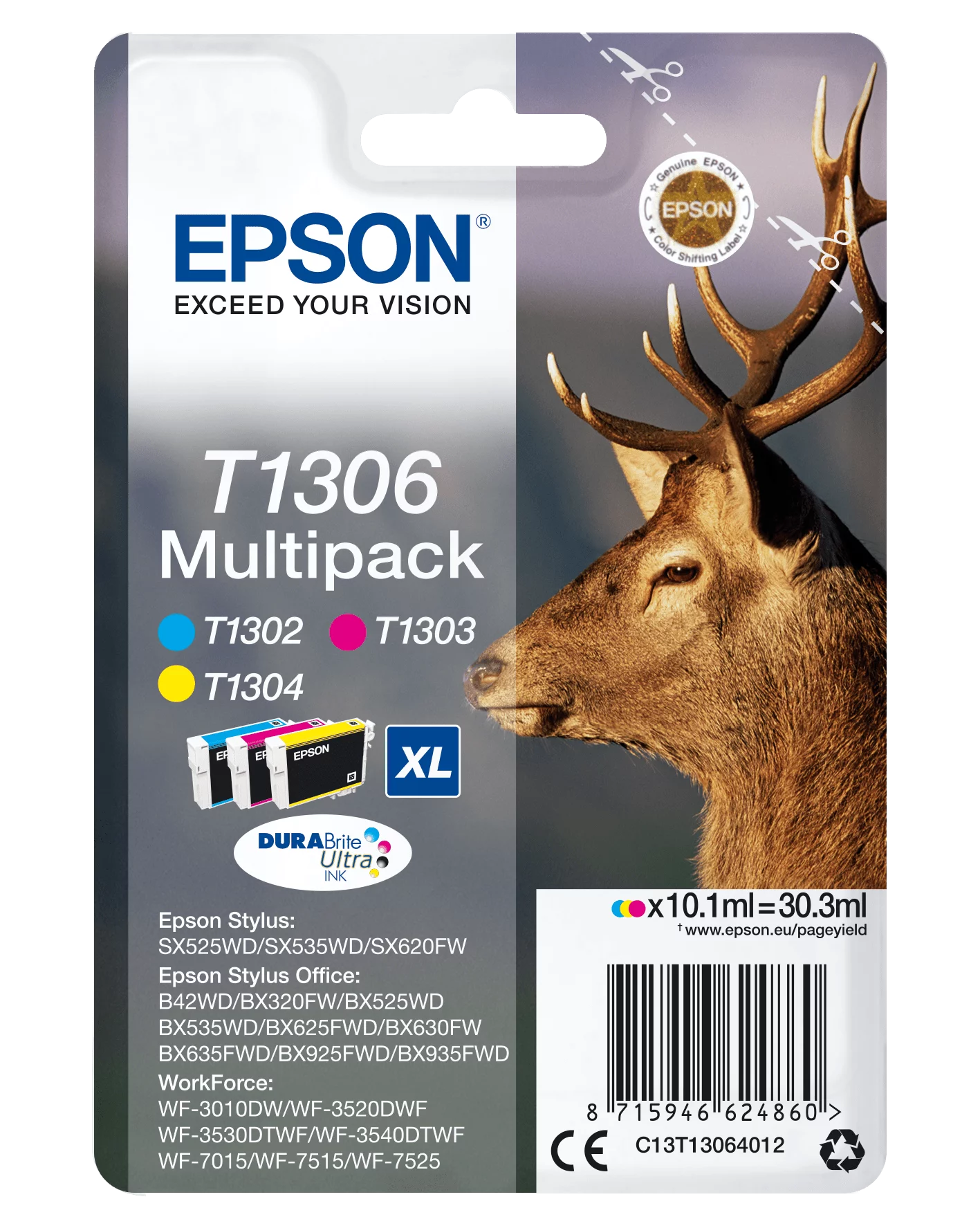 EPSON STYLUS OFFICE BX630/BX635/BX935; WORKFORCE WF3010/WF3520/WF3540/W7015/W7515/W7525 PACK 3 UNDS TINTA MULTICOLOR ORIGINAL (C/M/Y-10 ML) - Imagen 2