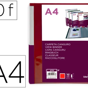 CARPETA LIDERPAPEL 10 FUNDAS CANGURO PP DIN A4 ROJO TRANSLUCIDO PORTADA Y LOMO PERSONALIZABLE