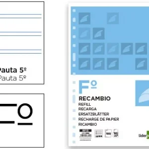 RECAMBIO LIDERPAPEL FOLIO 100 HOJAS 60G/M2 PAUTA 5ª 2.5MM CON MARGEN 16 TALADROS