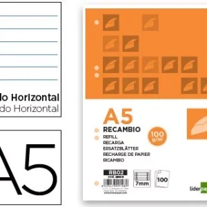 RECAMBIO LIDERPAPEL A5 100 HOJAS 100G/M2 HORIZONTAL CON MARGEN 6 TALADROS