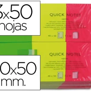 BLOC DE NOTAS ADHESIVAS QUITA Y PON Q-CONNECT 38X51 MM NEON PACK DE 3 UNIDADES CON 50 HOJAS POR COLOR