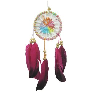 Atrapasueños arcoíris con plumas fucsia y aro multicolor 6 cm