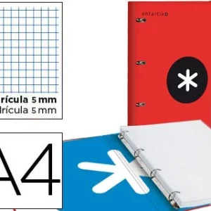 CARPETA CON RECAMBIO LIDERPAPEL ANTARTIK A4 CUADRO 5 MM FORRADA 4 ANILLAS 25MM COLOR ROJO