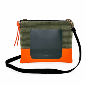 Bandolera mini cuadrada pana verde y naranja con bolsillo Daniel Chong