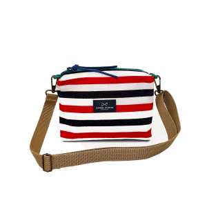 Bandolera mini lona rústica rayas azul y rojo zip turquesa DANIEL CHONG
