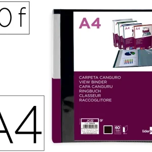 CARPETA LIDERPAPEL 60 FUNDAS CANGURO PP DIN A4 NEGRO OPACO PORTADA Y LOMO PERSONALIZABLE