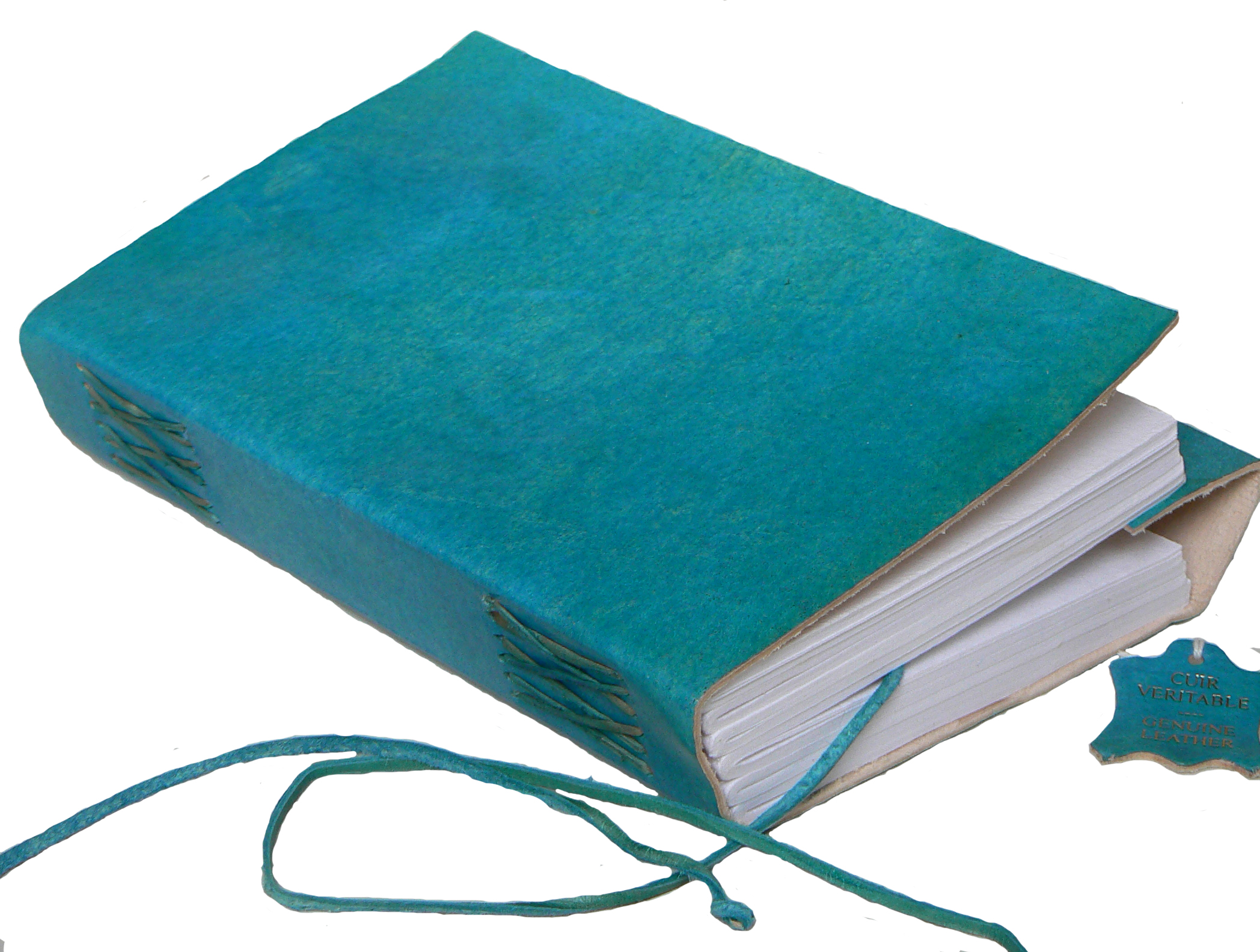 Cuaderno de viaje en cuero azul turquesa con papel hecho a mano
